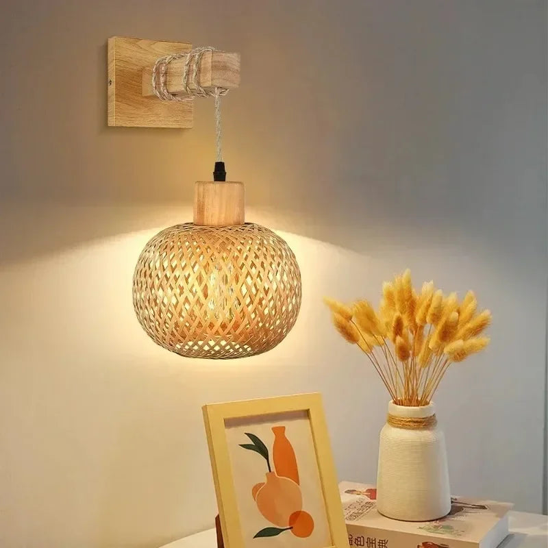 Plug-in Retro Wabi-sabi Bamboo Woven Bedside Wall Lamp Dining Room Rattan Lamp Bedroom Balcony Rural Indoor Background Wall