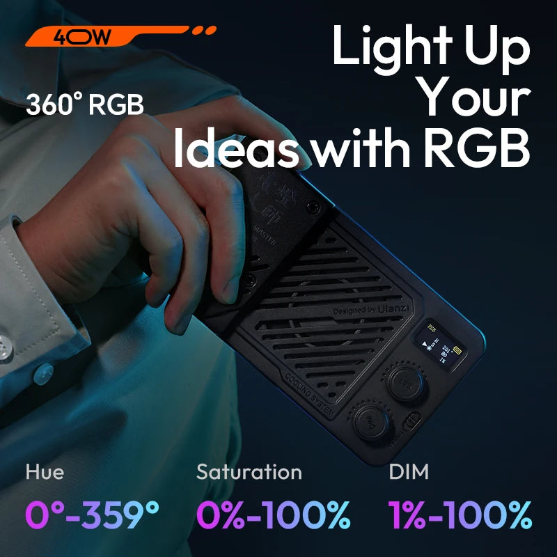 ភ្លើងវីដេអូចល័ត Ulanzi P40 Bi P40 RGB 40W ជាមួយកង្ហារត្រជាក់ 14000Lux 2700-6500K 5000mAh ភ្លើងពេញសម្រាប់ការថតរូបផ្ទាល់ Vlog