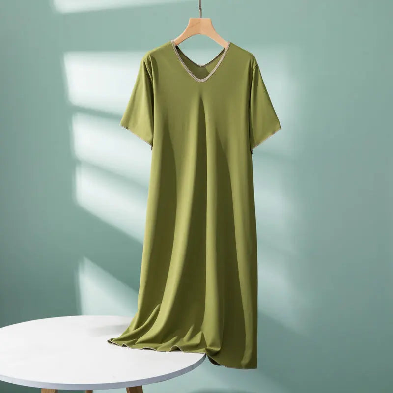 2026 New Modal Double V-Neck Nightdress Women's Large Size Housewear Short Sleeve Long Dress Casual Ladies Sleepwear Nightgowns
