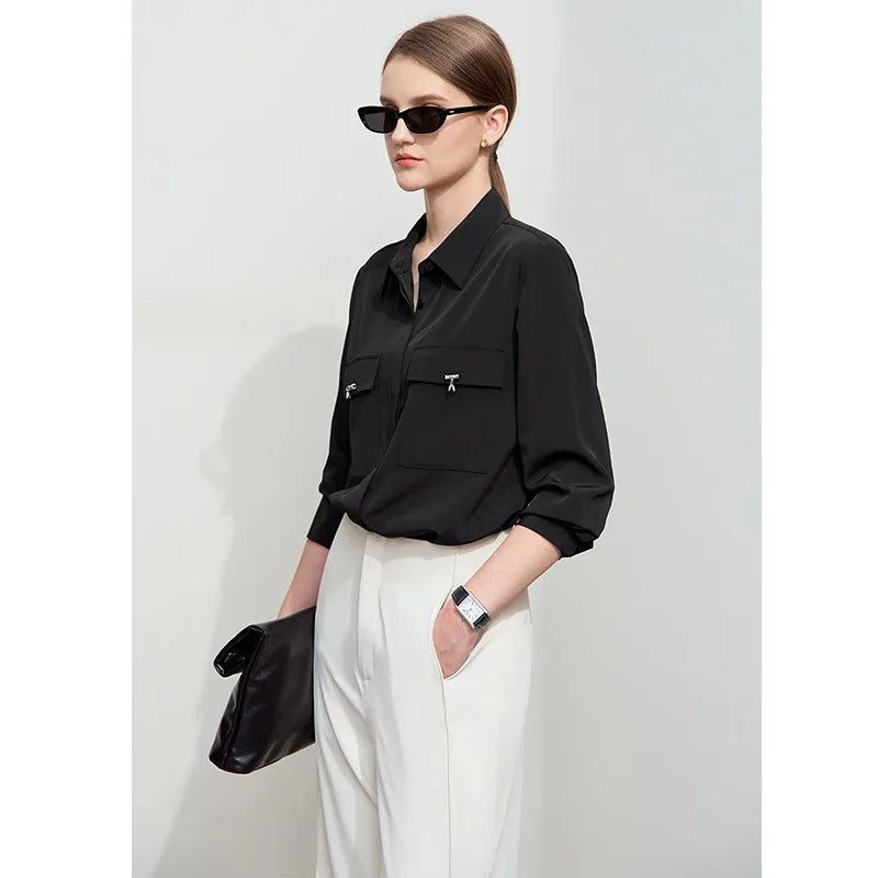 AMII Minimalist Chiffon Shirt Women 2026 Autumn New Temperament Gentle Lapel Bamboo Work Pocket Concealed Button Tops 12521032