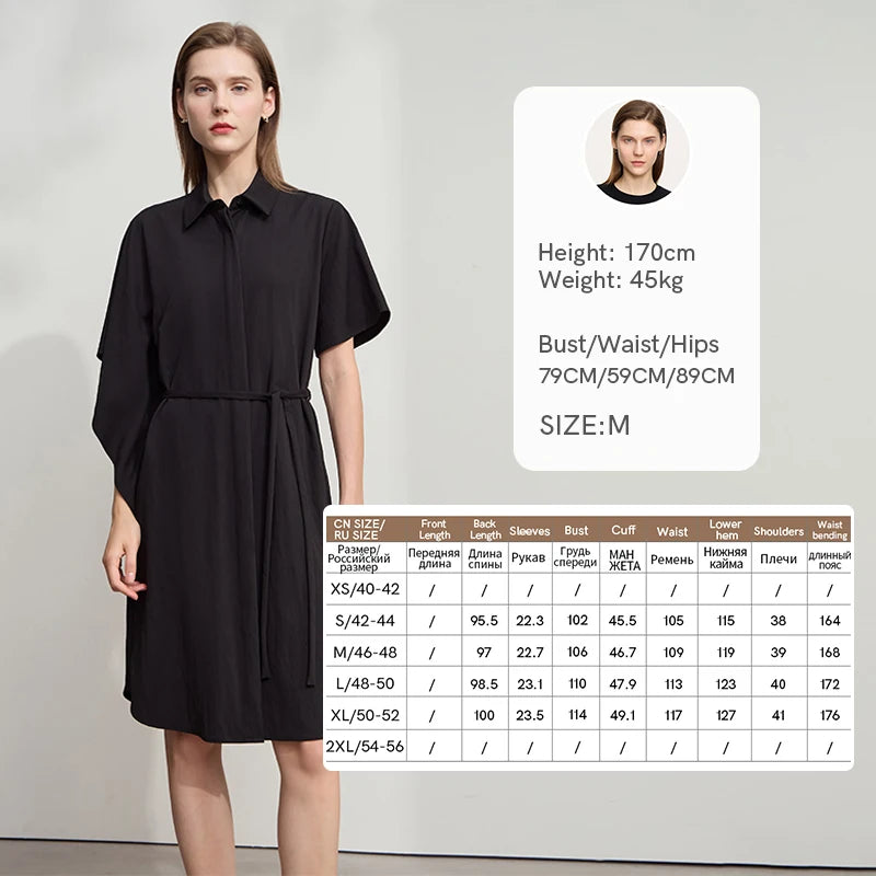 Amii Women's Dress 2026 Summer Turn-down Collar Pleated Asymmetric Batman with Belt Loose Diagonal Female Midi Dress 12512041