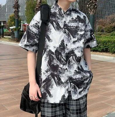 2026 Summer Men's White Short Sleeve Printed Shirt, Beach Vacation Shirts, White Black Gray Green Blue Loose Top, 2025 New