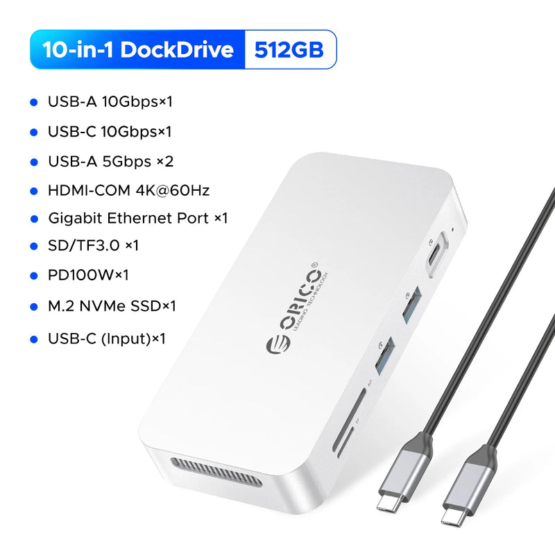 ORICO DataLink PSSD 2TB External SSD Docking Station Type C to HDMI-compatible Adapter 4K@60Hz USB3.2 Gen2 HUB for MacBook
