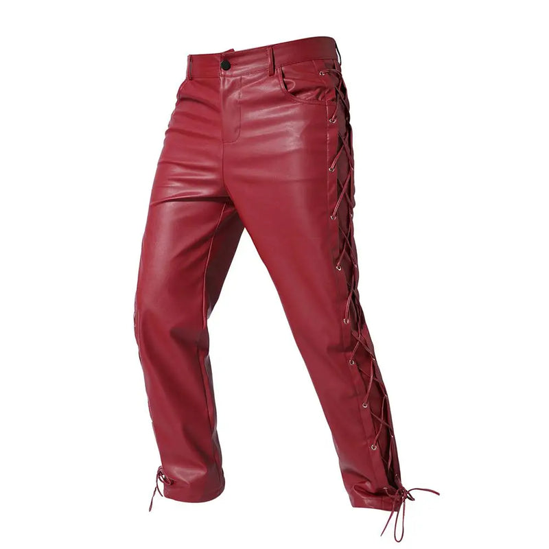 2026 New Men's Black PU Pants, Biker Faux Leather Trousers Red Fashion Casual Pant Lace-up Trim on Left and Right Sides S-5XL