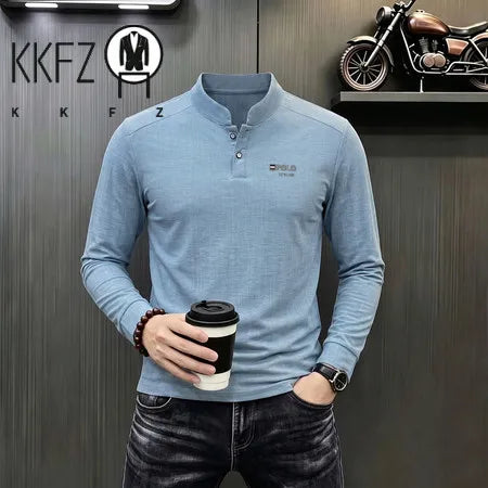 Breathable Vertical Texture Henley Pullover Men Long Sleeve Mandarin Collar Two Button Front Versatile Everyday Garment
