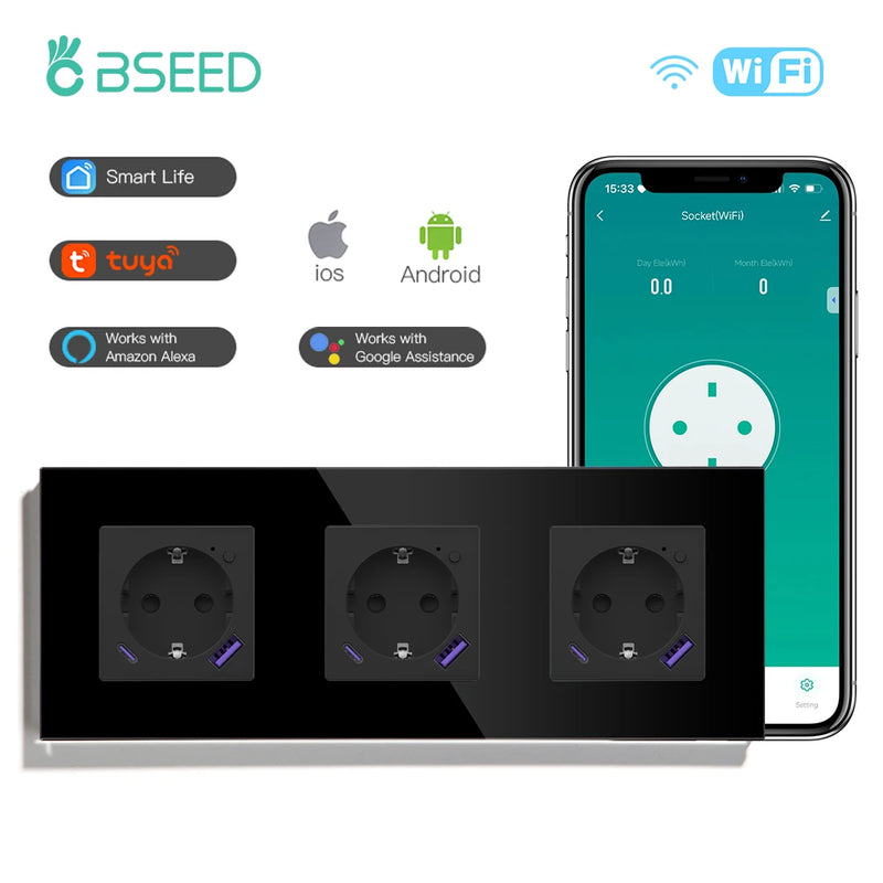 BSEED EU Standard Wifi Smart Socket With 20W USB Type-C Port Power Monitor Timing Function Tuya Alexa Smart Home Control 16A