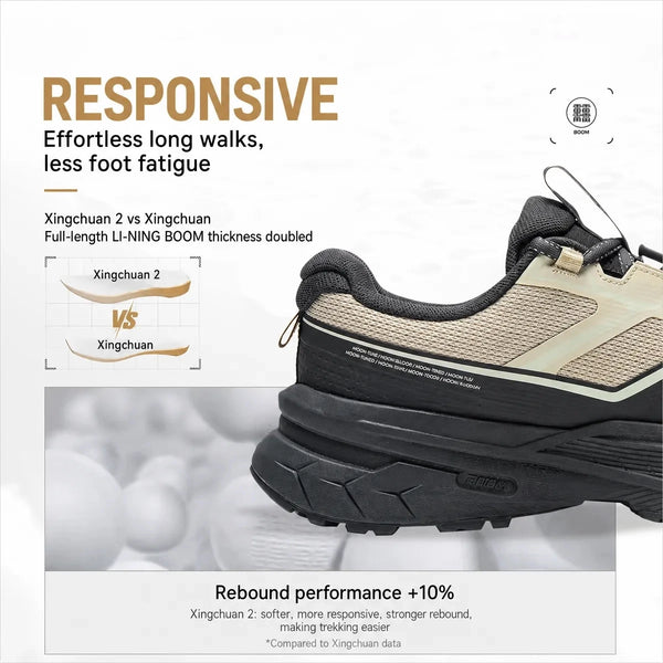 ស្បែកជើងឡើងភ្នំ Li-Ning Unisex AXC RUSH 2 ក្រៅផ្ទះ BOOM Cushion ទម្ងន់ស្រាល រឹងមាំ ធន់នឹងការរអិល ស្បែកជើងប៉ាតា LiNing AHTW003