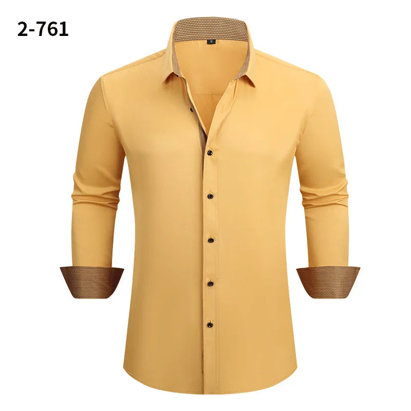 Men's Black Long-sleeve Stretch Shirt, Red Patchwork-trimmed Shirts, Commuter-style Single-Breasted Lapel Tops.