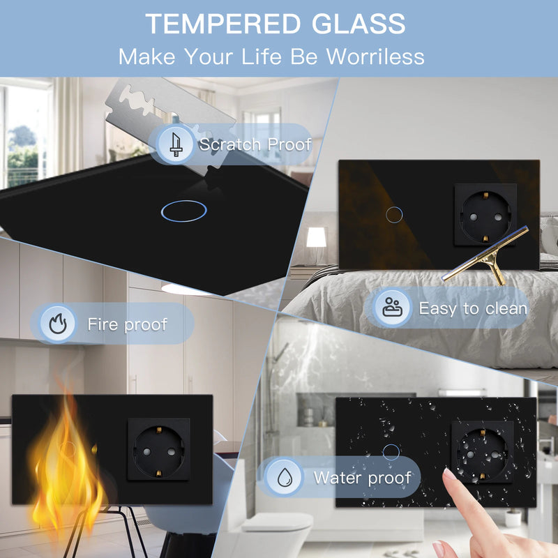 BSEED Touch Light Switch Wall Socket Glass 1/2/3Gang Touch Screen Switch Power Outlet Max.300W/Gang Led Switch Wall Socket Black
