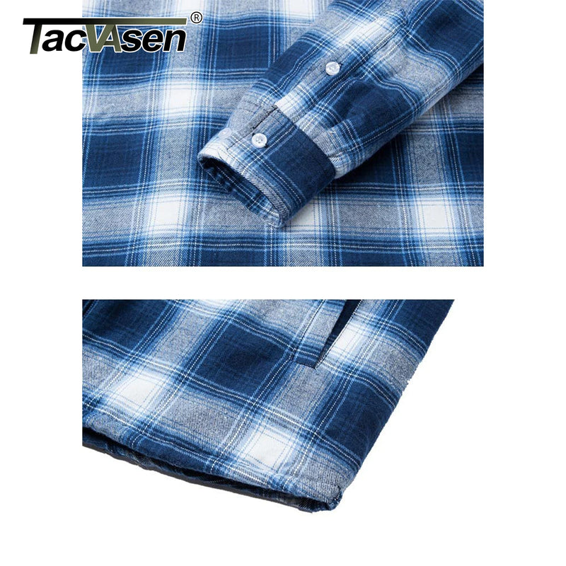 TACVASEN Men's Cotton Flannel Shirt Button Down Plaid Shirts with Hood Quilted Lined Casual Shacket Mens Winter Heavy Shirt New