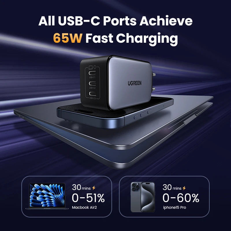 UGREEN 65W GaN Charger Quick Charge 4.0 3.0 PPS PD 3.0 Fast Charger 3 USB C For Macbook Air Laptops Tablets iPhone 18 17 16 Pro