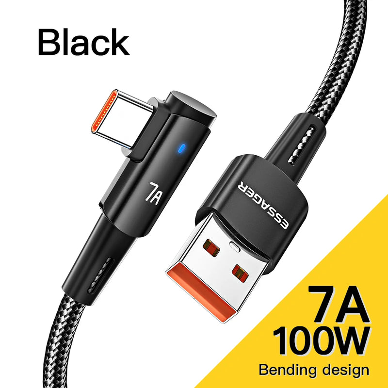 ខ្សែសាក Essager 100W USB Type C ទៅ USB C មុំ 90 ដឺក្រេ សម្រាប់ iPad MacBook Pro Xiaomi Samsung Huawei សាកលឿន Type-C ខ្សែកាលបរិច្ឆេទ