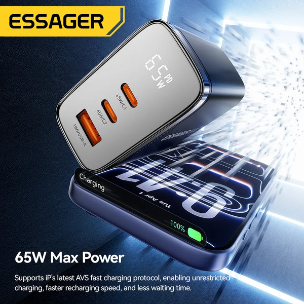 ឆ្នាំងសាក Essager 65W GaN USB Type C អេក្រង់ឌីជីថល QC 4.0 PD 3.2 PPS 45W សាកលឿនសម្រាប់ Samsung Huawei IPhone17 កុំព្យូទ័រយួរដៃ MacBook