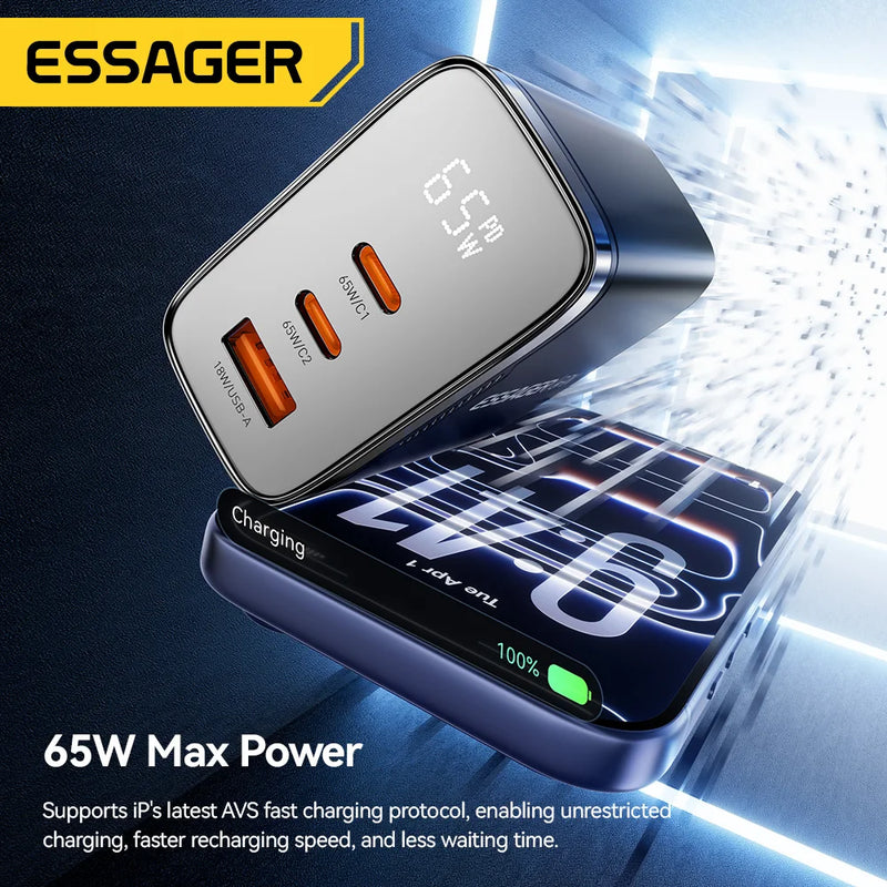 ឆ្នាំងសាក Essager 65W GaN USB Type C អេក្រង់ឌីជីថល QC 4.0 PD 3.2 PPS 45W សាកលឿនសម្រាប់ Samsung Huawei IPhone17 កុំព្យូទ័រយួរដៃ MacBook