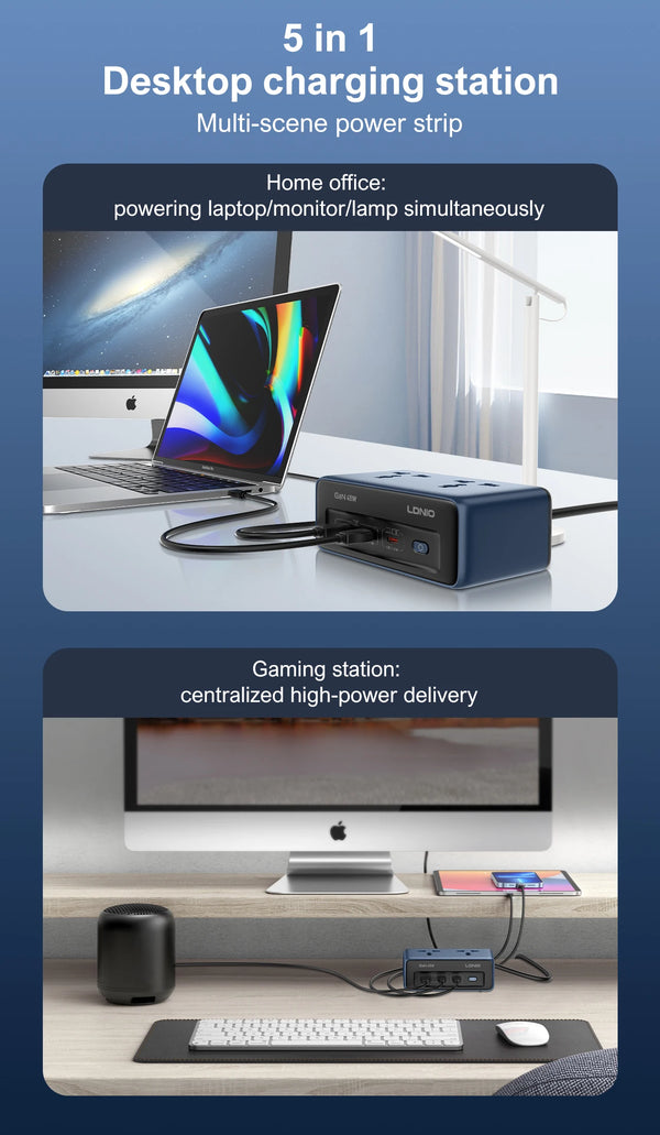 ស្ថានីយសាកថ្មលឿន LDNIO USB C រន្ធច្រើនសម្រាប់កុំព្យូទ័រលើតុ ជាមួយរន្ធដោត AC ចំនួន 2 សម្រាប់បន្ថែមការរអិល ចក្រភពអង់គ្លេស សហភាពអឺរ៉ុប សហរដ្ឋអាមេរិក