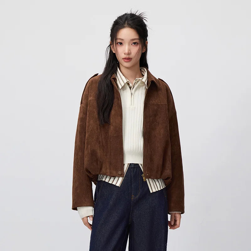 Semir Women Jacket Suede Like Short Lapel Oversize Cocoon Shape 2026 Autumn Warm Brown High Street Casual Outerwear