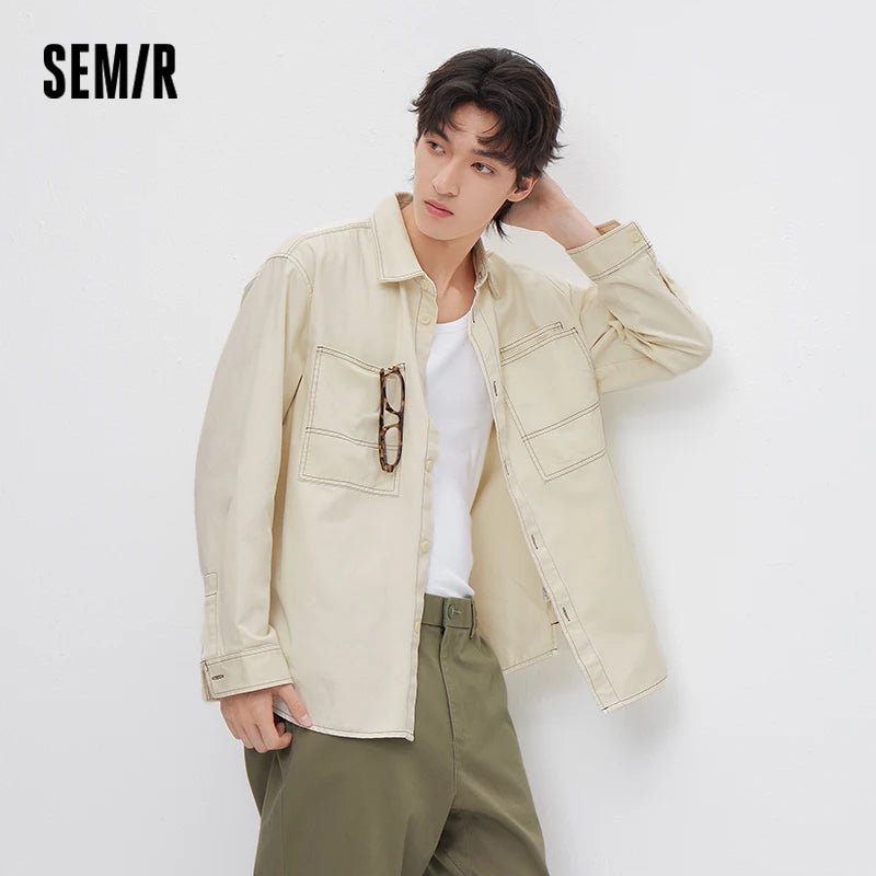 Semir Cargo Shirt Men Long Sleeve Cotton Twill Loose Lapel Fleece Casual Commute Daily Wear Spring Fashion Comfort Top