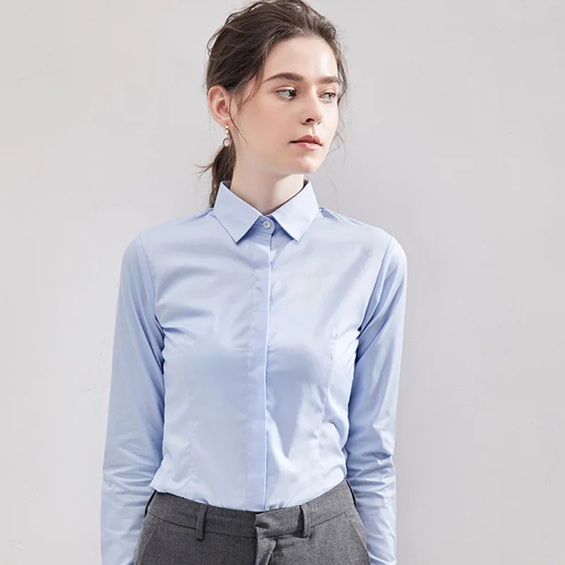 Women's White Collared Long-Sleeved Shirt, Solid Color Business/Office Non-Iron Wrinkle-Resistant Shirts. Black, Gray, Blue Tops