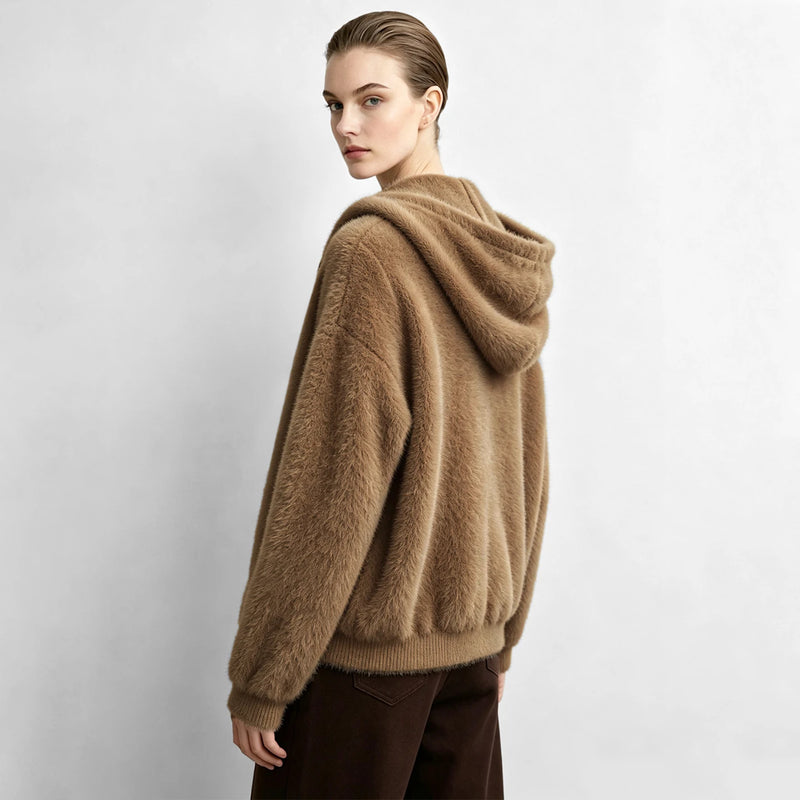 Amii Women's Hooded Zip Knit Cardigan Oversized Long Sleeve Mink Blend Casual Business Top for Women 2026 Autumn 12613025