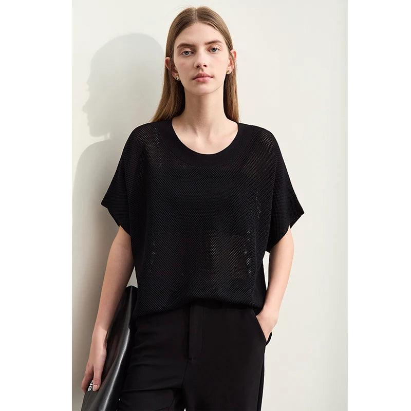 អាវយឺតប៉ាក់ AMII Minimalism សម្រាប់ស្ត្រីឆ្នាំ ២០២៥ រដូវក្តៅថ្មីធម្មតាកមូលរោមចៀមប្រហោងរលុង Streetwear កំពូលទាន់សម័យ 12442024