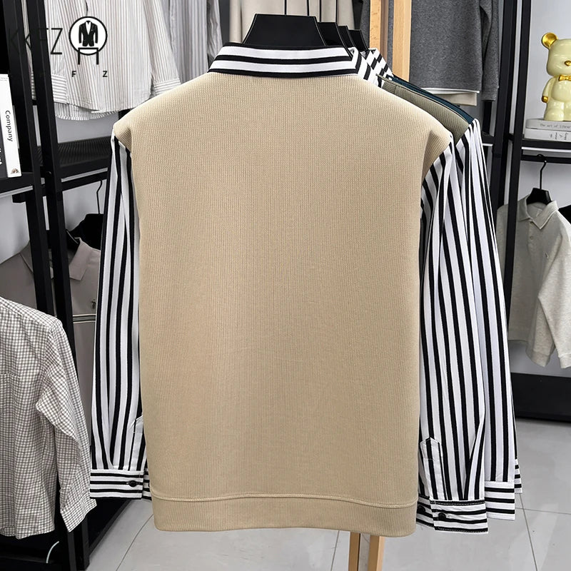 Mens Business Fake Two Piece Sweater Shirt Long Sleeve Striped Collar V Neck Pullover For Work