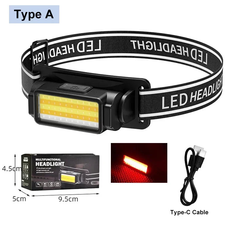 ភ្លើងមុខ COB LED ដ៏មានអានុភាពខ្លាំង ប្រើ USB ទៅ Type-C សាកថ្មបាន ពិលក្បាល ពិលភ្លើងមុខ សម្រាប់នេសាទ បោះតង់