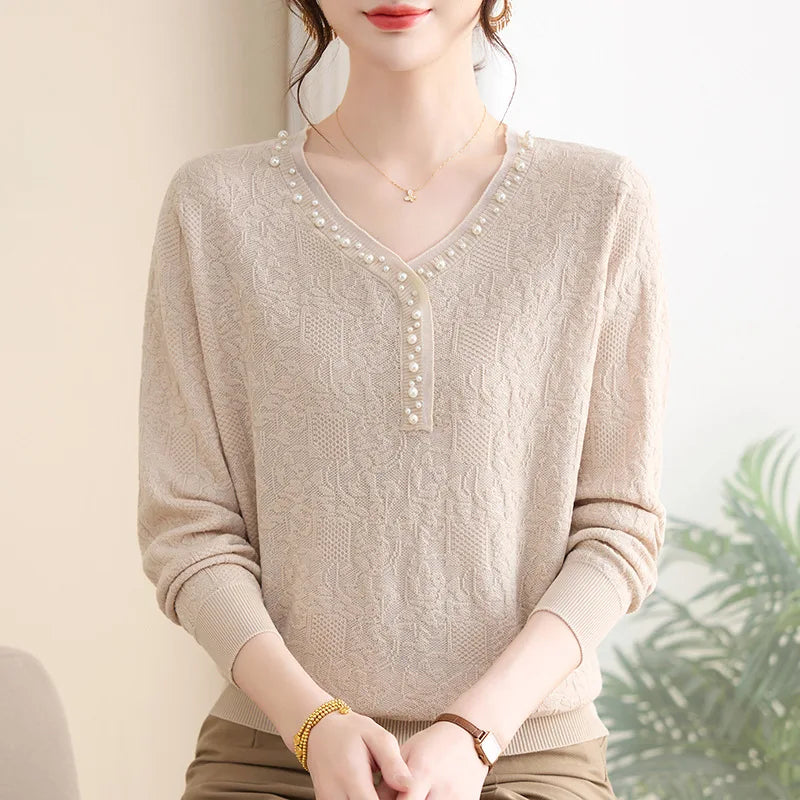 Sweater For Woman V Neck Long Sleeve Tops Spring Autumn Women's Clothing Beading Pullover Blouse Hot Sweaters Female Jumper