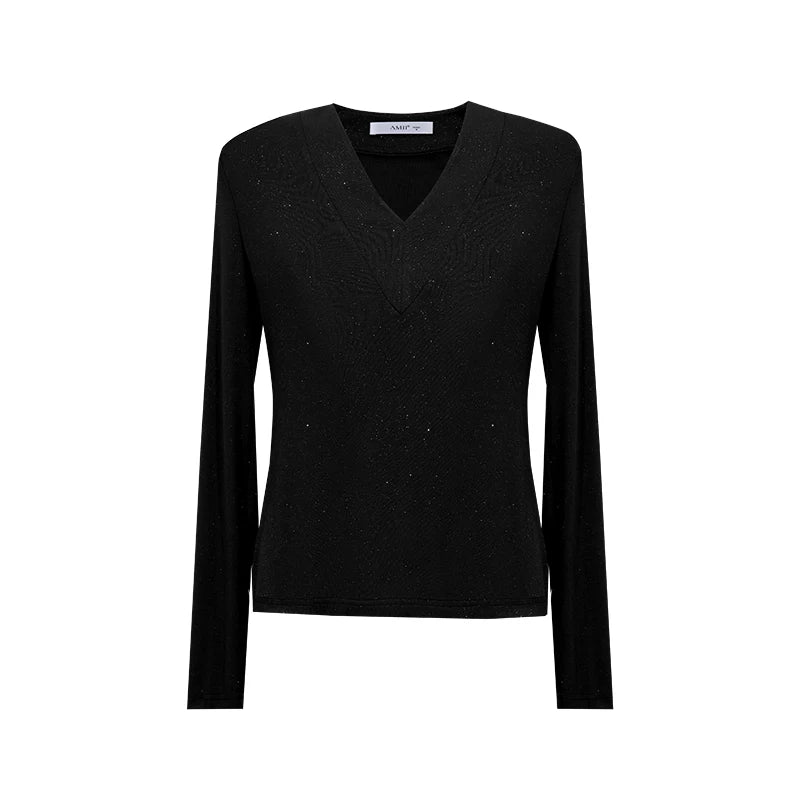 Amii Slim T-shirt V-Neck Long Sleeve Stretch Solid Color T-shirt Women 2026 Autumn New Versatile Cozy Woman Clothing 12613020