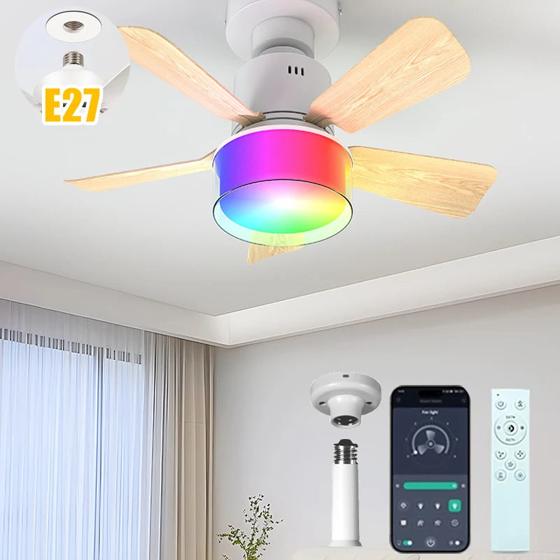 Fan Light with Remote and APP Control RGB Dimmable LED E27 Socket Ceiling Fan Modern Simple for Bedroom Kitchen Room Lighting