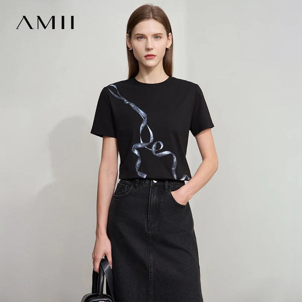 អាវយឺត Amii Minimalism Casual រដូវក្តៅឆ្នាំ ២០២៥ ថ្មីសម្រាប់នារី ក O ត្រង់ បោះពុម្ពត្រជាក់ ប្រឆាំងមេរោគ កប្បាសទឹកកក លាតសន្ធឹង អាវយឺត 12542084