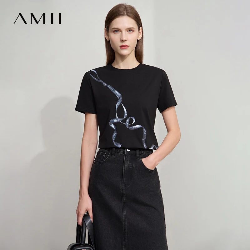 អាវយឺត Amii Minimalism Casual រដូវក្តៅឆ្នាំ ២០២៥ ថ្មីសម្រាប់នារី ក O ត្រង់ បោះពុម្ពត្រជាក់ ប្រឆាំងមេរោគ កប្បាសទឹកកក លាតសន្ធឹង អាវយឺត 12542084
