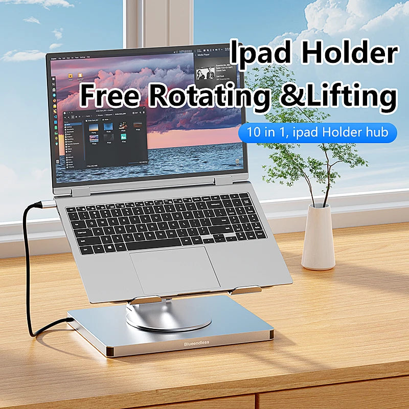 ឧបករណ៍ កាន់ iPad អាលុយមីញ៉ូម Blueendless 10 ក្នុង 1 Docking C Hub 4K 60Hz Type C Adapter USB3.0 5Gbps 100W PD Charger សម្រាប់កុំព្យូទ័រយួរដៃលើតុ