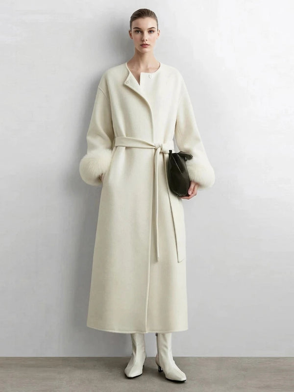 Amii Double-Faced Wool Long Coat Detachable Fur Collar Belted Lapel Commuter Minimalist 2026 Women Winter Coat 12654020