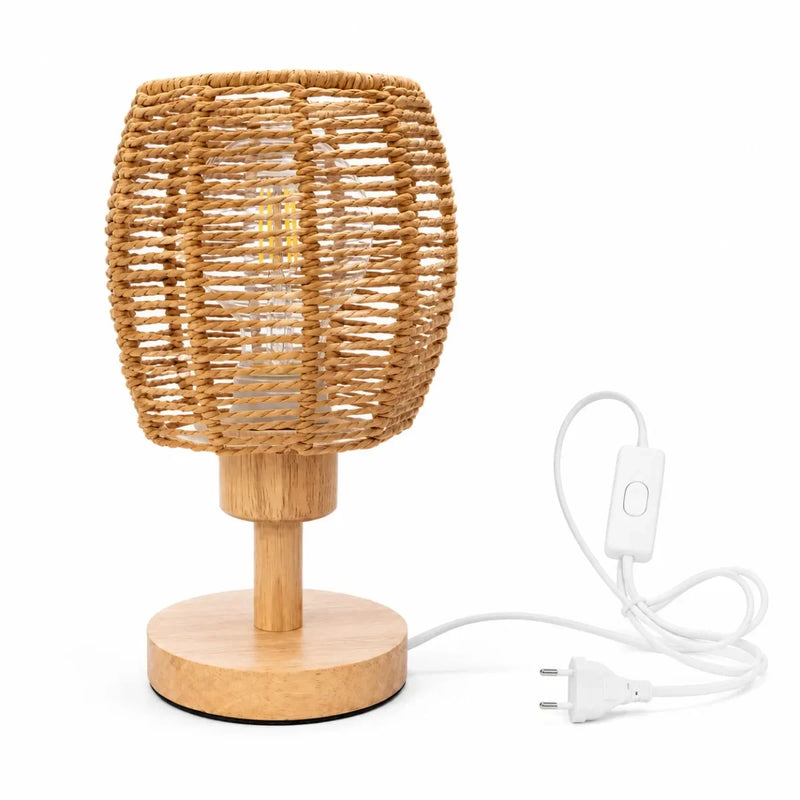 JOYINLED ED Bedside Lamp, Handwoven Rope Lampshade, E27 Solid Wood Base, Boho Decorative Lamp for Bedroom, Living Room, Hotel