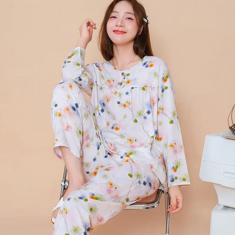 2 Pieces Set for Woman Pajamas Spring Autumn Long Sleeve Pyjama Set Floral Sleepwear Women's Night Wear Pijama Loungewear Set