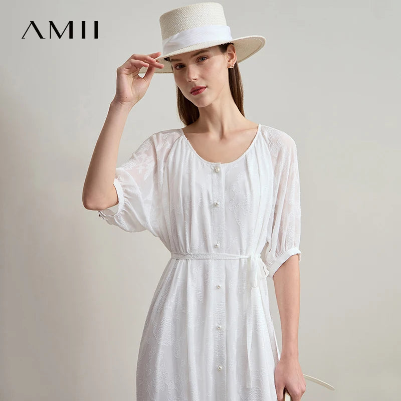AMII Beige Dress Vacation 2026 Summer Office Lady Belt Chiffon Women Beaded Button A Line Round Neck Fairycore Dresses 12542143