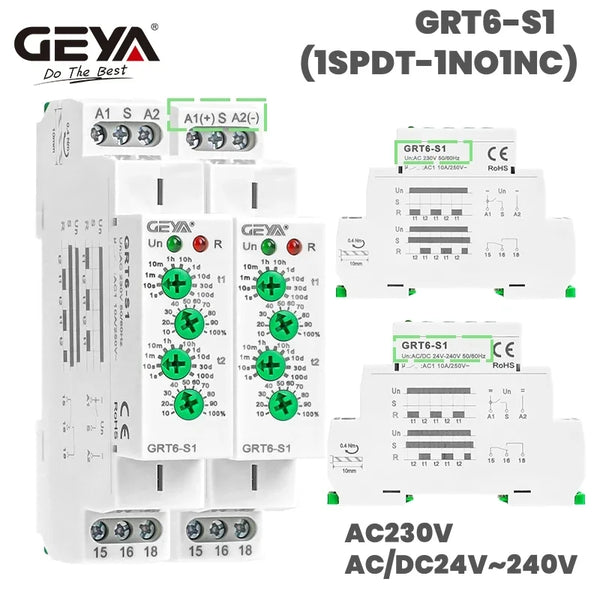 រេឡេពន្យាពេលវដ្ត GEYA GRT6-S AC/DC24V-240V រេឡេអសមមាត្រ SPDT 220V 10A រេឡេអេឡិចត្រូនិចម្តងទៀត