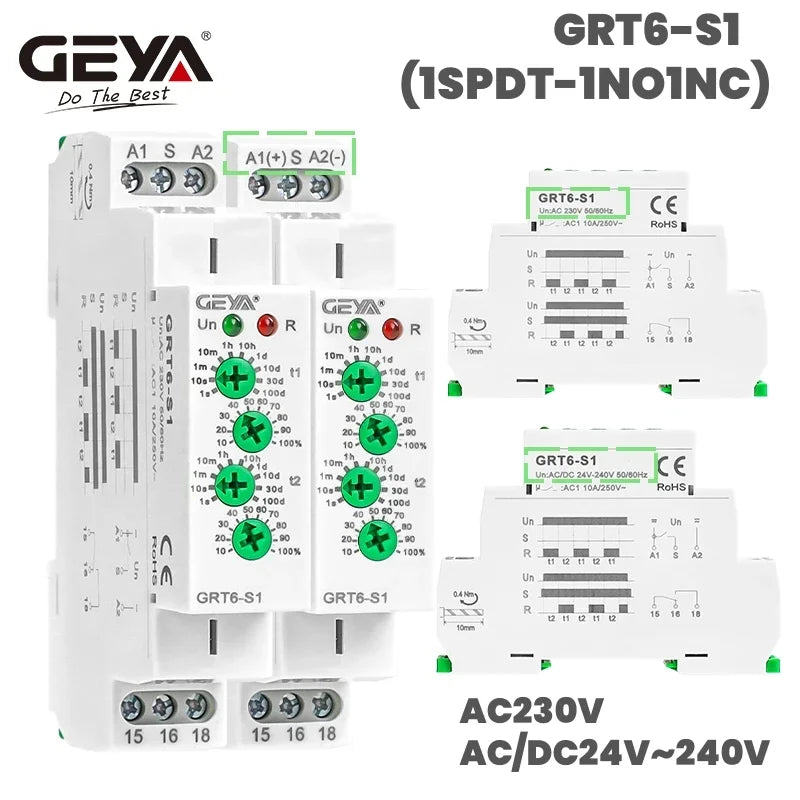 រេឡេពន្យាពេលវដ្ត GEYA GRT6-S AC/DC24V-240V រេឡេអសមមាត្រ SPDT 220V 10A រេឡេអេឡិចត្រូនិចម្តងទៀត