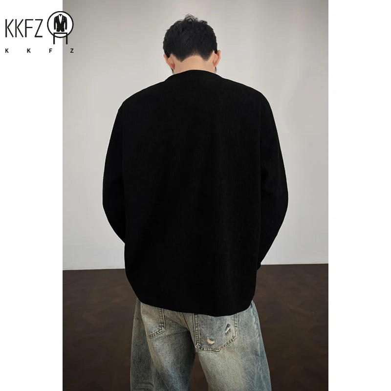 Mens Vertical Rib Corduroy Half Zip Long Sleeve Top Crew Neck Oversized Silhouette For Daily Street And Travel Wear