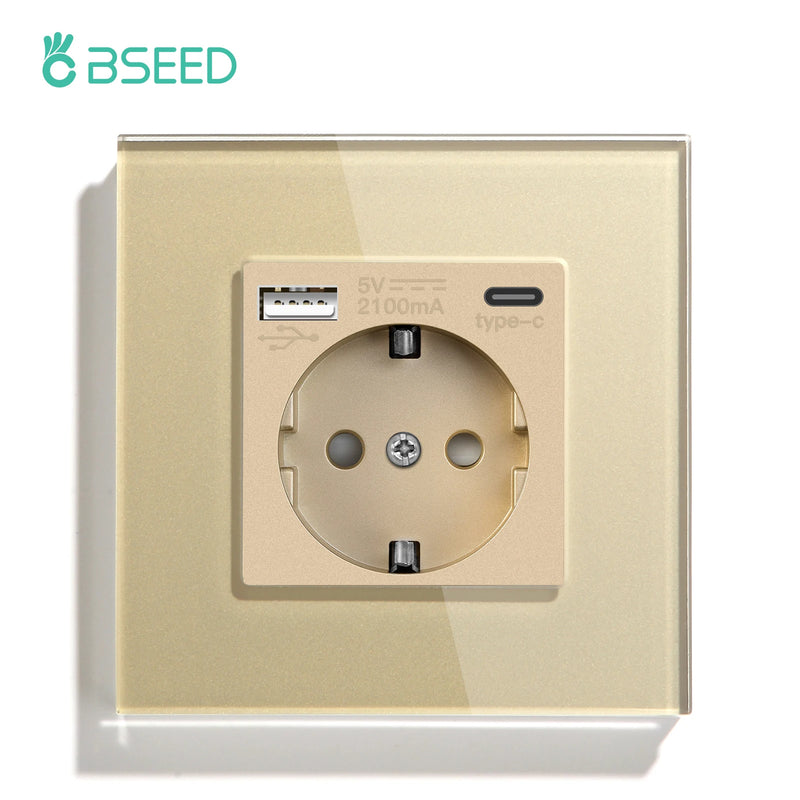 BSEED EU Double Wall Light Switches Touch Switch Wall Socket USB Type-C Charge Port Crystal Glass Panel Switch Blue Blacklight