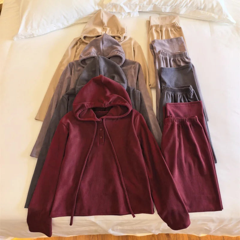 Winter Women's Pajamas Loose Hooded Korean Shake Fleece Sports Outerwear Home Clothes Spring Autumn Sleepwear Set Two Piece