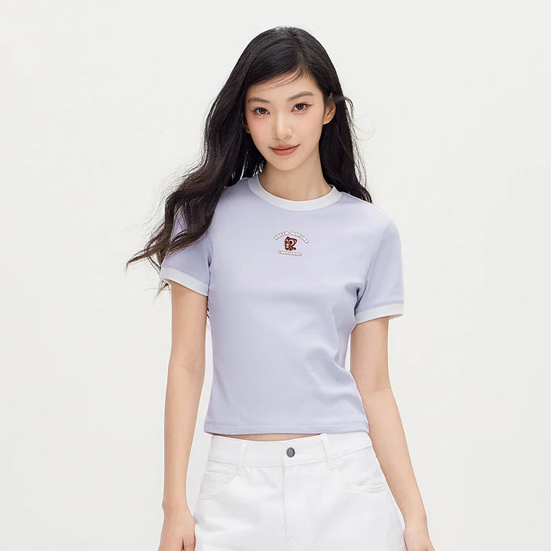Semir Women Tshirt Cropped Contrast Color Slim Straight Shoulder Short Sleeve Summer 2026 Casual Style Soft Top