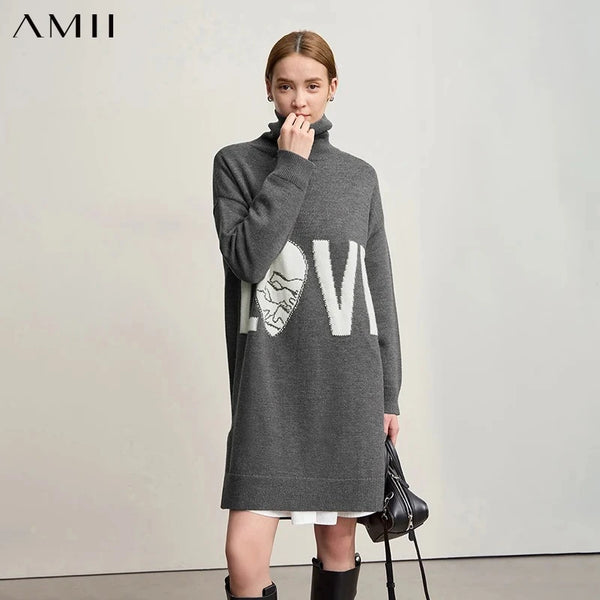 Amii Short Dresses 2026 Winter New Casual Turtleneck Long Sleeves Letter Jacquard Dresses For Woman Loose Knitted Skirt 12544067