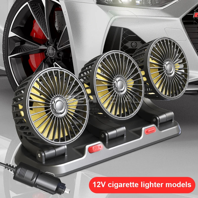 SEAMETAL Car Fan 360° Adjustable 3 Head Air Fan Automotive Electric Fan USB/12V/24V 2 Speeds Car Silent Fan for Car Home Office