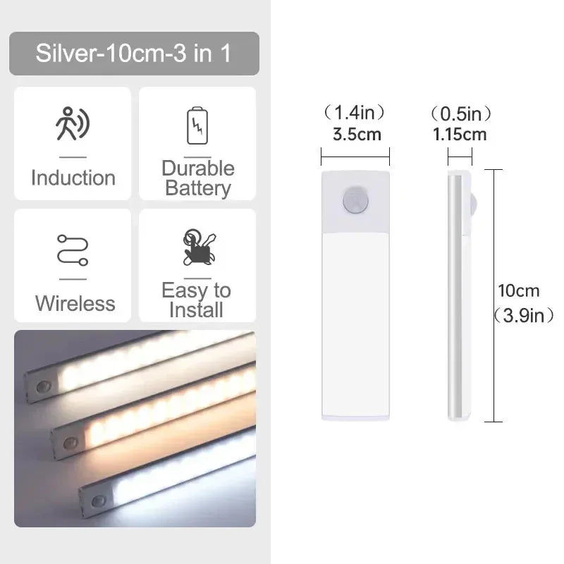 10-60cm Ultra-Thin Motion Sensor Light Magnetic Mount USB Rechargeable 3-Color Adjustment Under Cabinet Light for Home Office