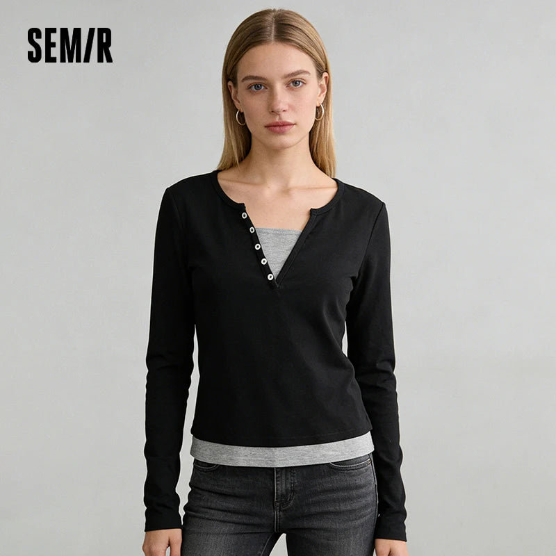 Semir Women Tshirt 2026 Spring New Short Slim Fit Fake Two Piece Design Sense Temperament Crew Neck Long Sleeve Tops