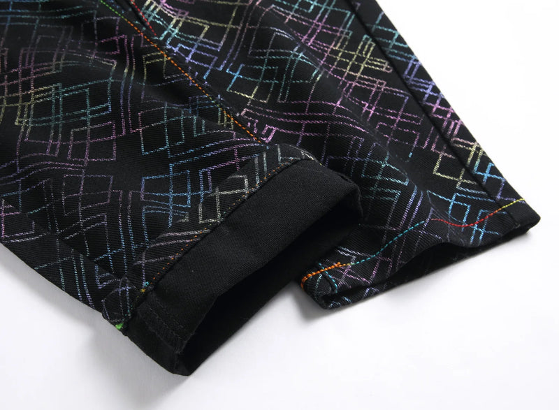 Men's Black Jeans for Spring and Fall, Checkered Print Pants, Stylish Casual Trousers, Asian Sizes 28–42.