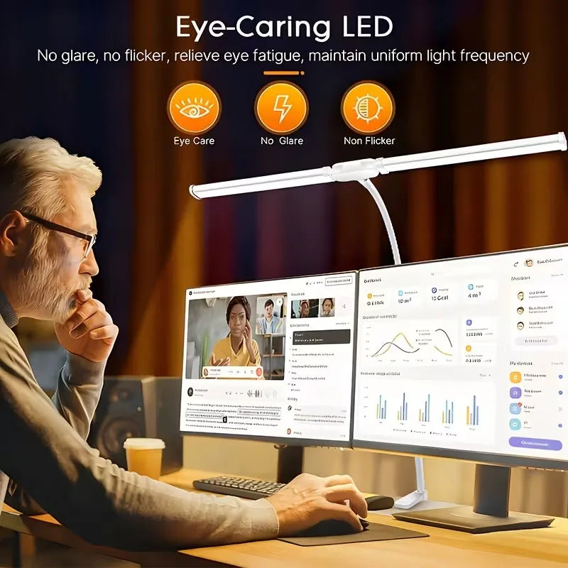 2-Head LED Desk Lamp Clip 5 Modes 10 Brightness Levels Adjustable Angle USB Suitable for Reading Learning Piano Monitor Office