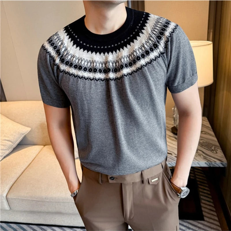 Men's Fair Isle Knitted Short Sleeve T-Shirt -Old Money Style Crewneck Summer Top Vintage Geometric Jacquard Casual Business Tee