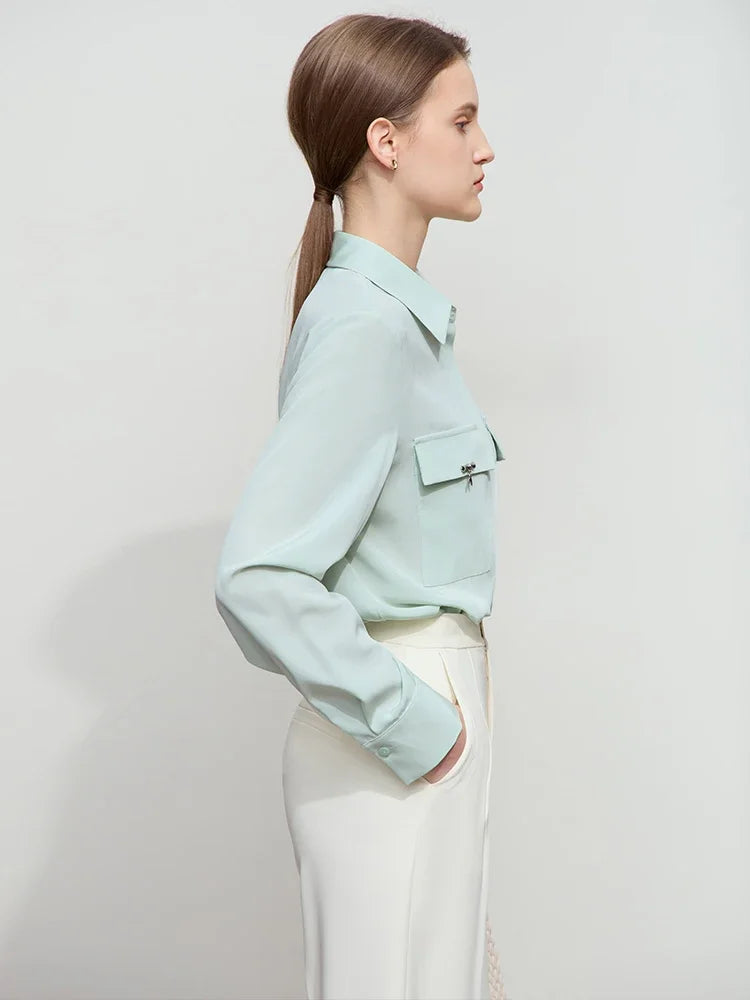 AMII Minimalist Chiffon Shirt Women 2026 Autumn New Temperament Gentle Lapel Bamboo Work Pocket Concealed Button Tops 12521032